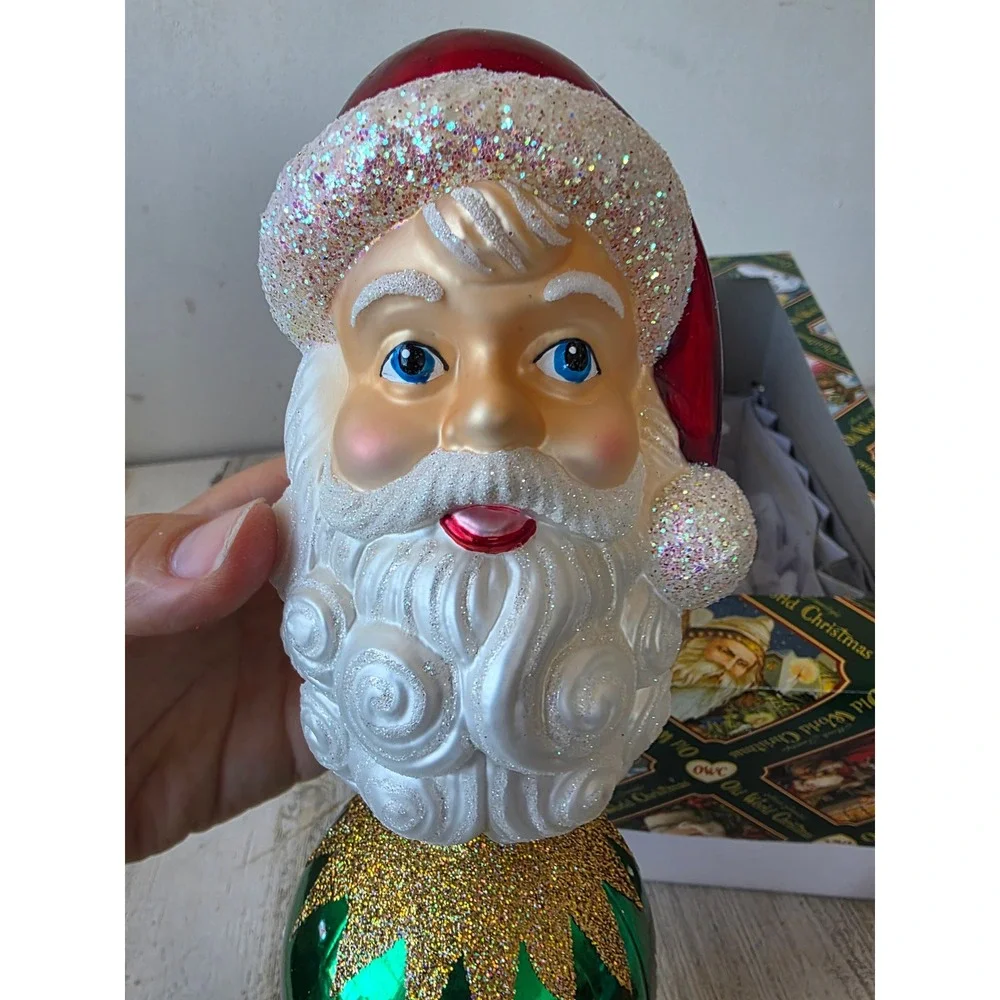 OWC Old world 2005 Santa glitter tree topper ball green gold Xmas tree